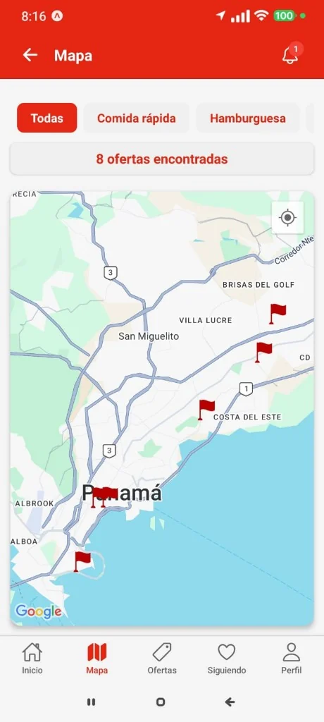 Mapa de la app KipFud con ofertas marcadas en Ciudad de Panamá