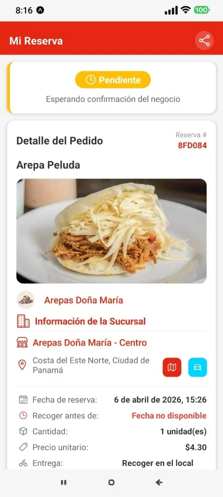 Pantalla Mi reserva de la app KipFud con la hora y el lugar de recogida