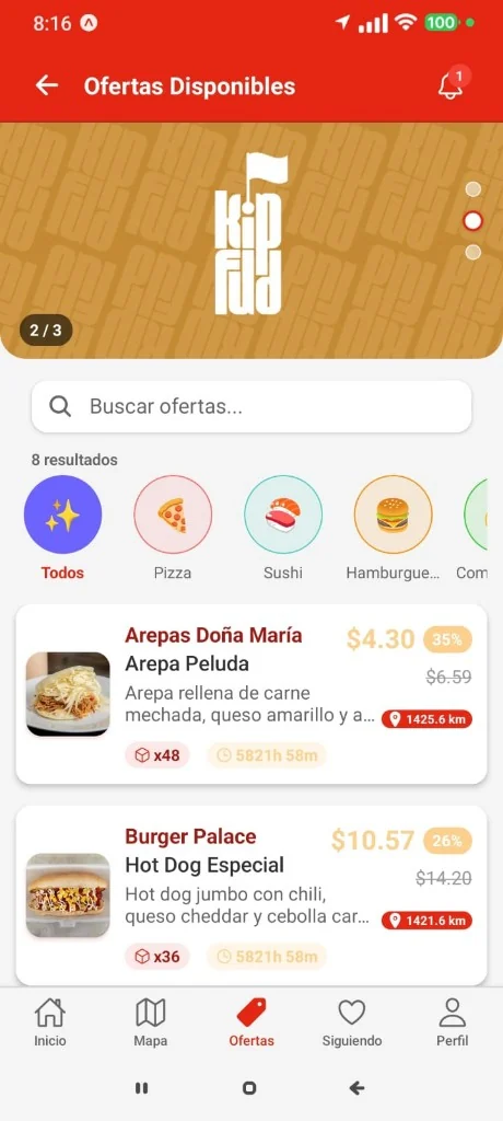 Pantalla de ofertas disponibles en la app KipFud